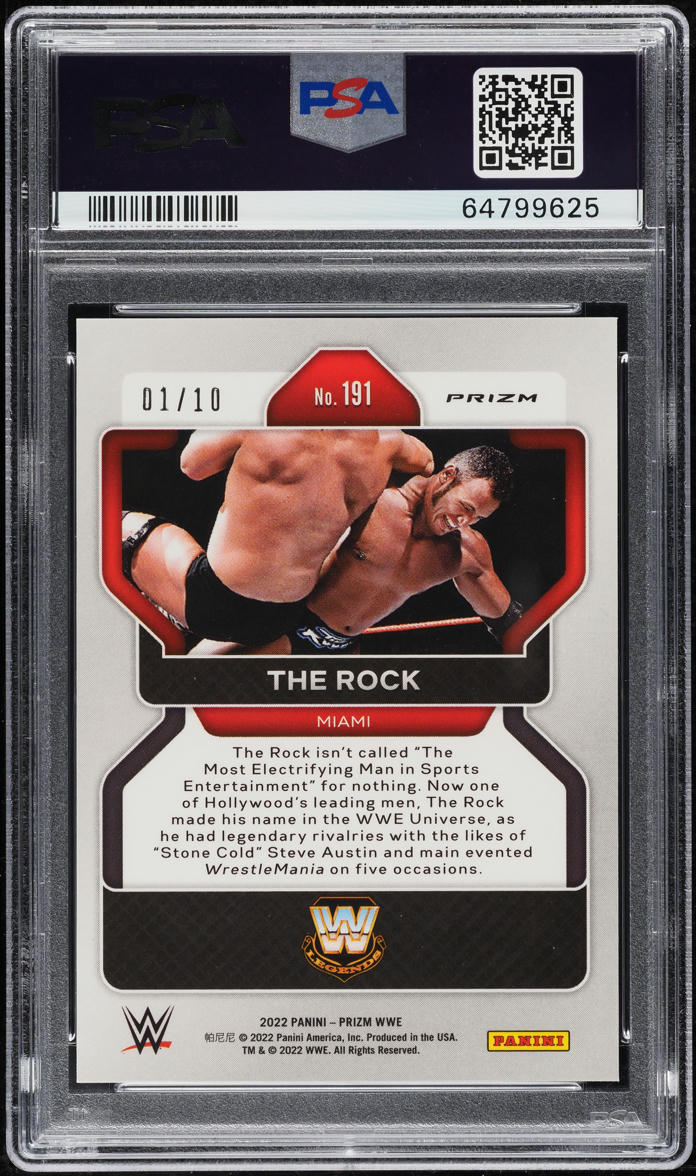 2022 Panini Prizm WWE Blue Shimmer FOTL The Rock 1/10 #191 PSA 9 MINT