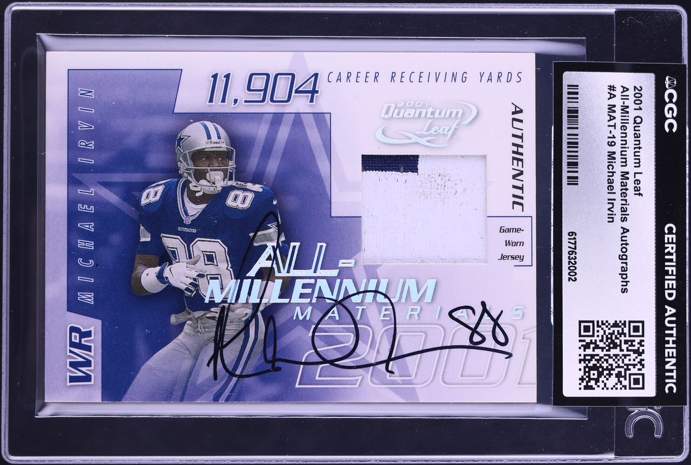 2001 Quantum Leaf All-Millennium Materials Michael Irvin GAME WORN PATCH AUTO /100 CGC AUTH
