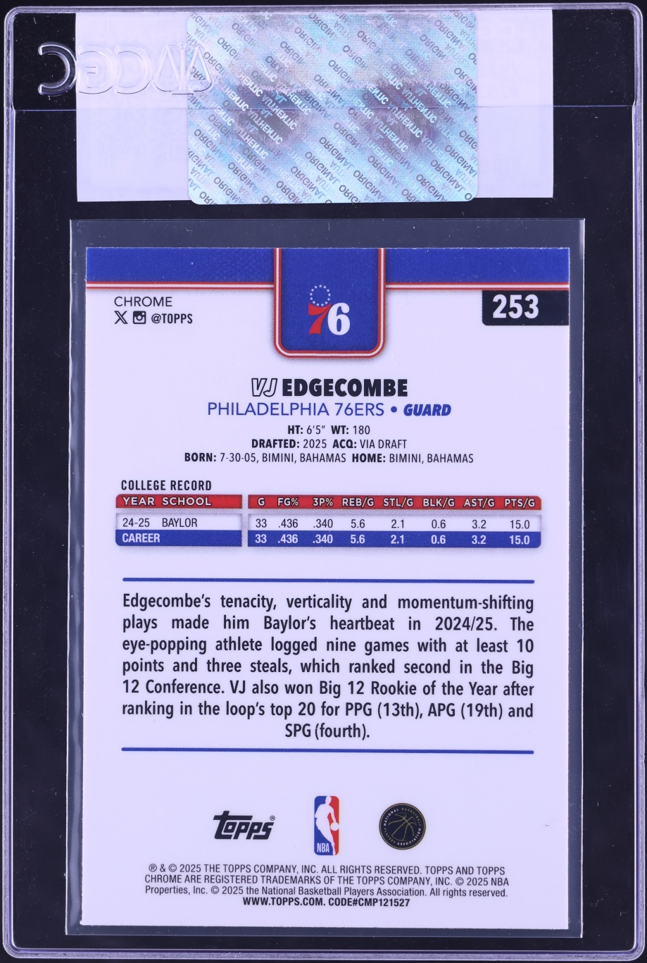 2025 Topps Chrome Sapphire VJ Edgecombe ROOKIE #253 CGC AUTH