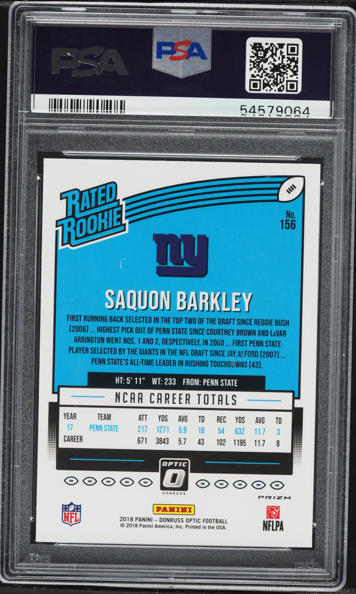 2018 Donruss Optic Holo Saquon Barkley ROOKIE #156 PSA 9 MINT