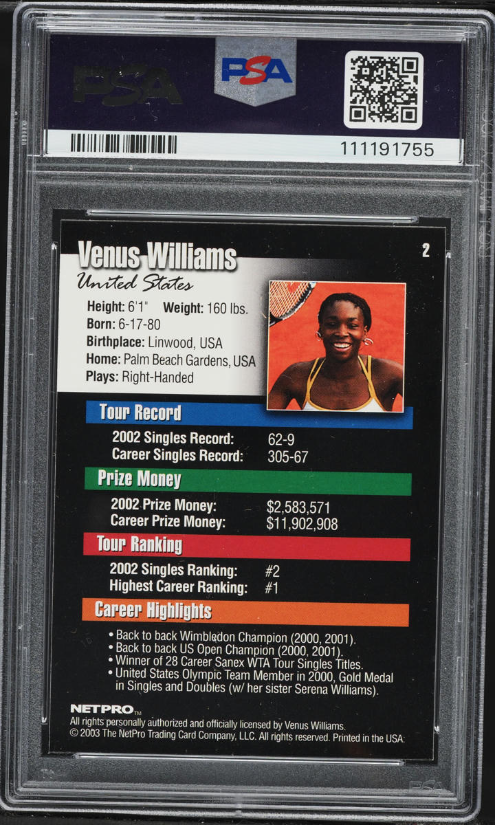 2003 Netpro Tennis Venus Williams ROOKIE #2 PSA 10 GEM MINT