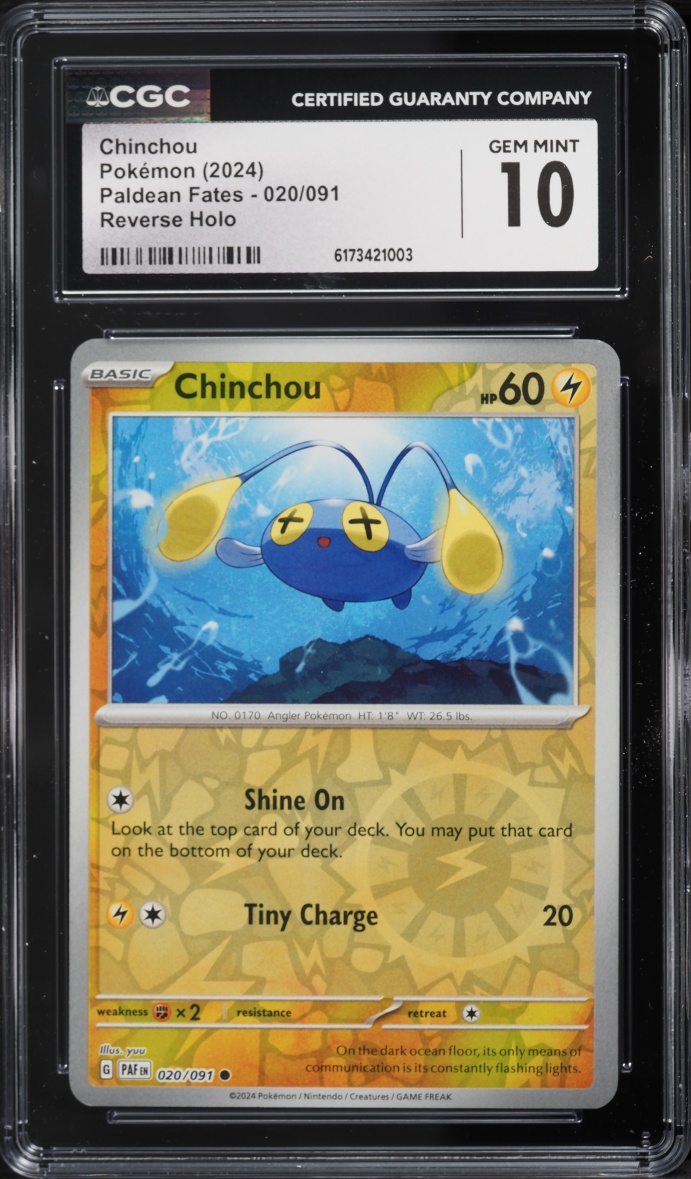 2024 Pokemon Scarlet & Violet Paldean Fates Reverse Holo Chinchou #020 CGC 10 GEM MINT