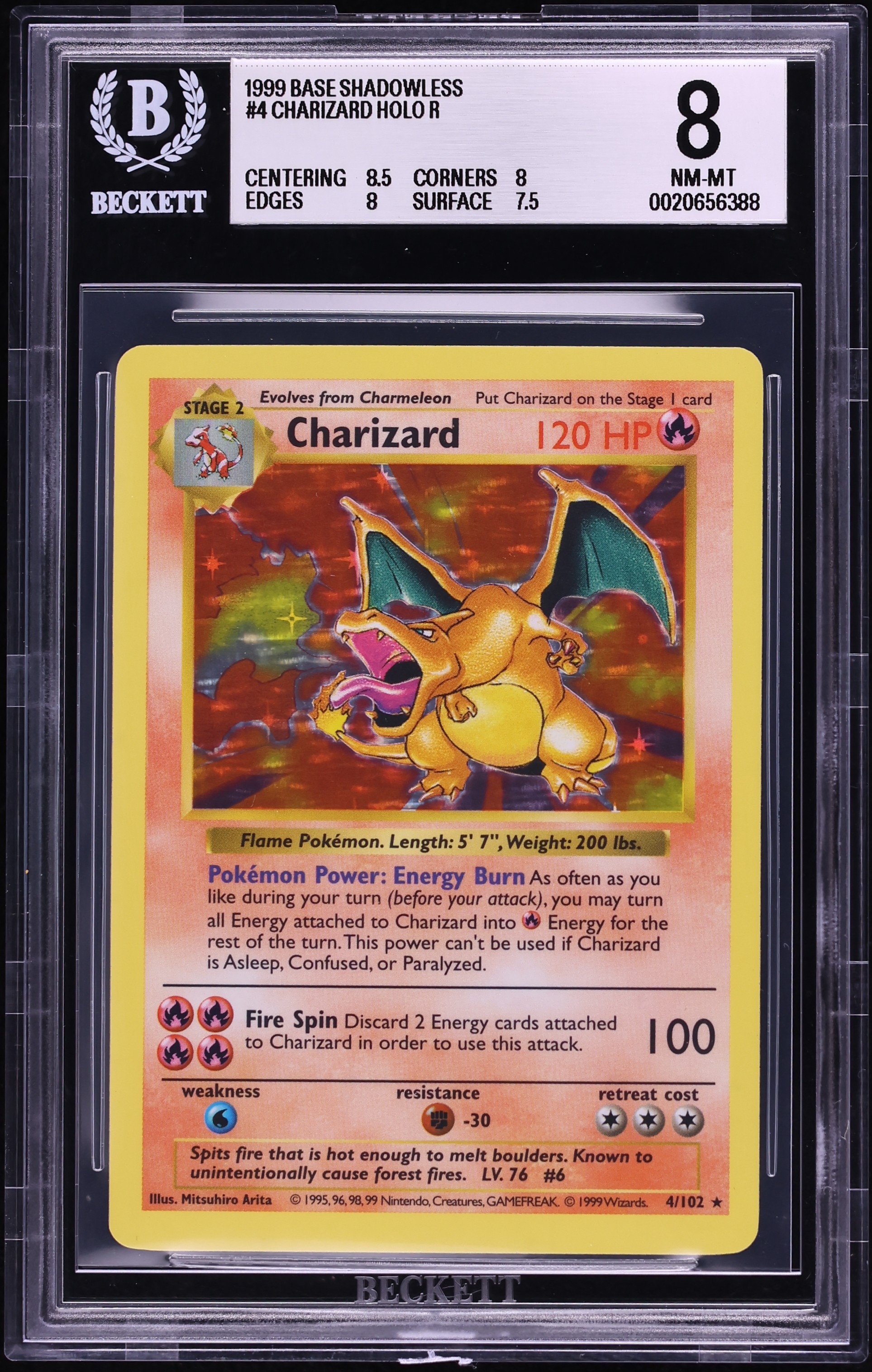 1999 Pokemon Base Set Shadowless Holo Charizard #4 BGS 8 NM-MT