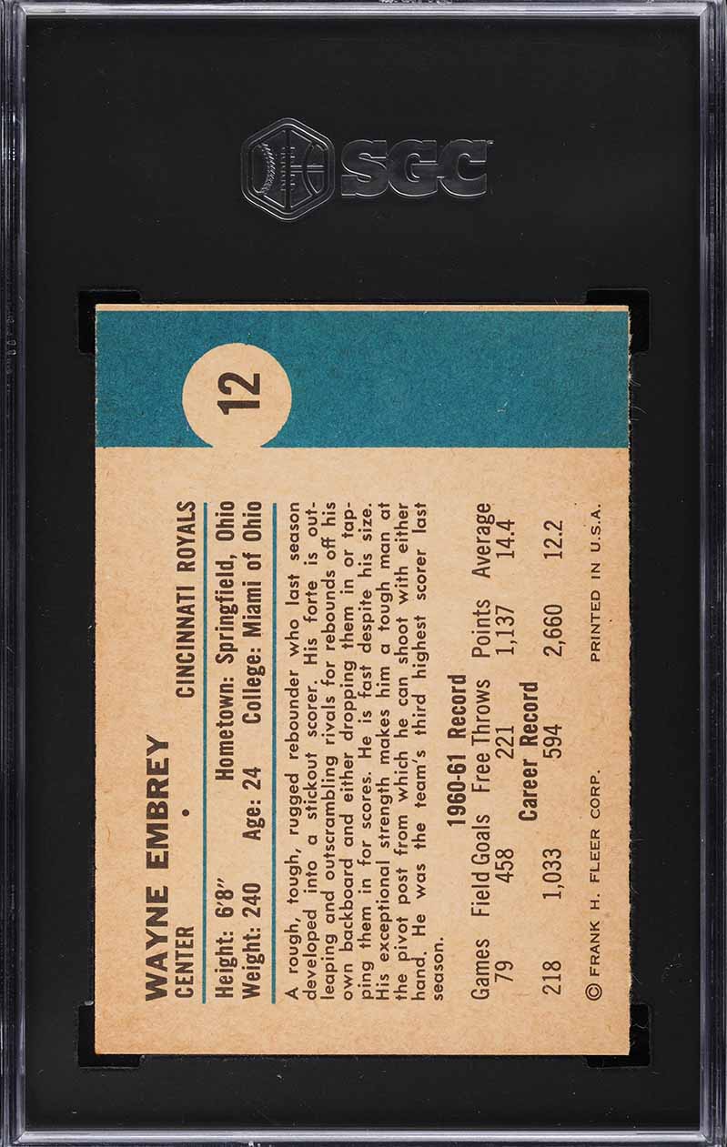 1961 Fleer Basketball Wayne Embrey ROOKIE #12 SGC 4 VGEX