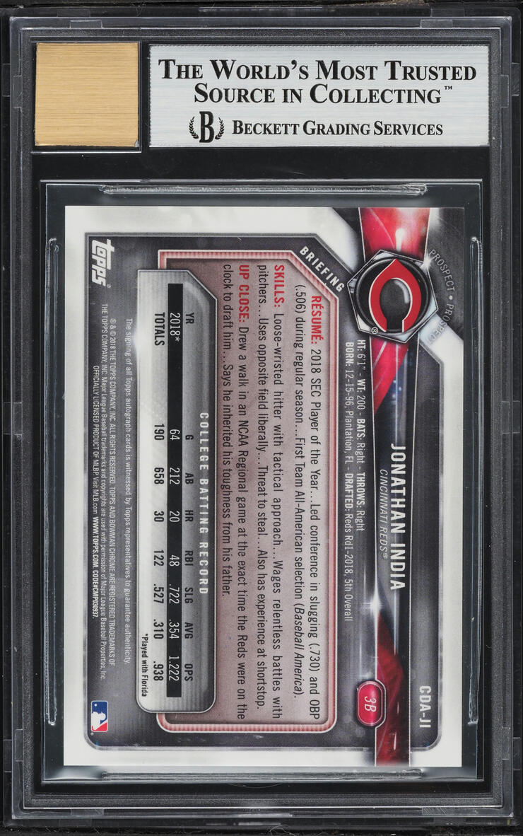 2018 Bowman Chrome Black Refractor Jonathan India PROSPECT AUTO /75 #CDA-JI BGS 9 MINT