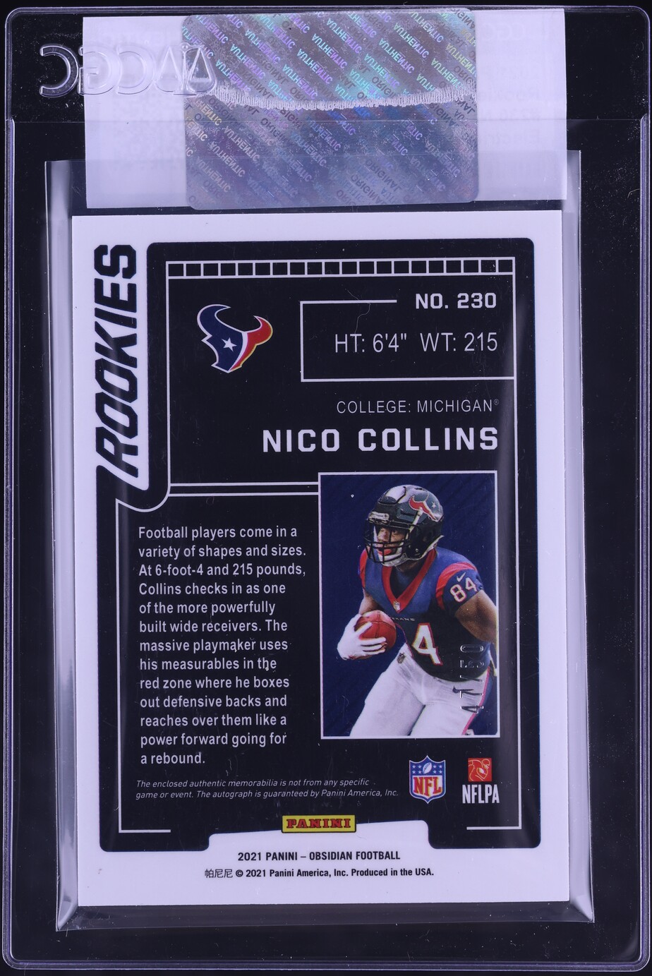 2021 Panini Obsidian E/E Green Nico Collins ROOKIE PATCH AUTO /50 #230 CGC AUTH