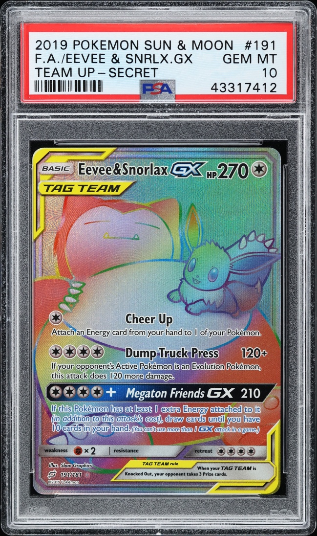 2019 Pokemon Sun & Moon Team Up Rainbow Rare Eevee & Snorlax GX #191 PSA 10 GEM MINT