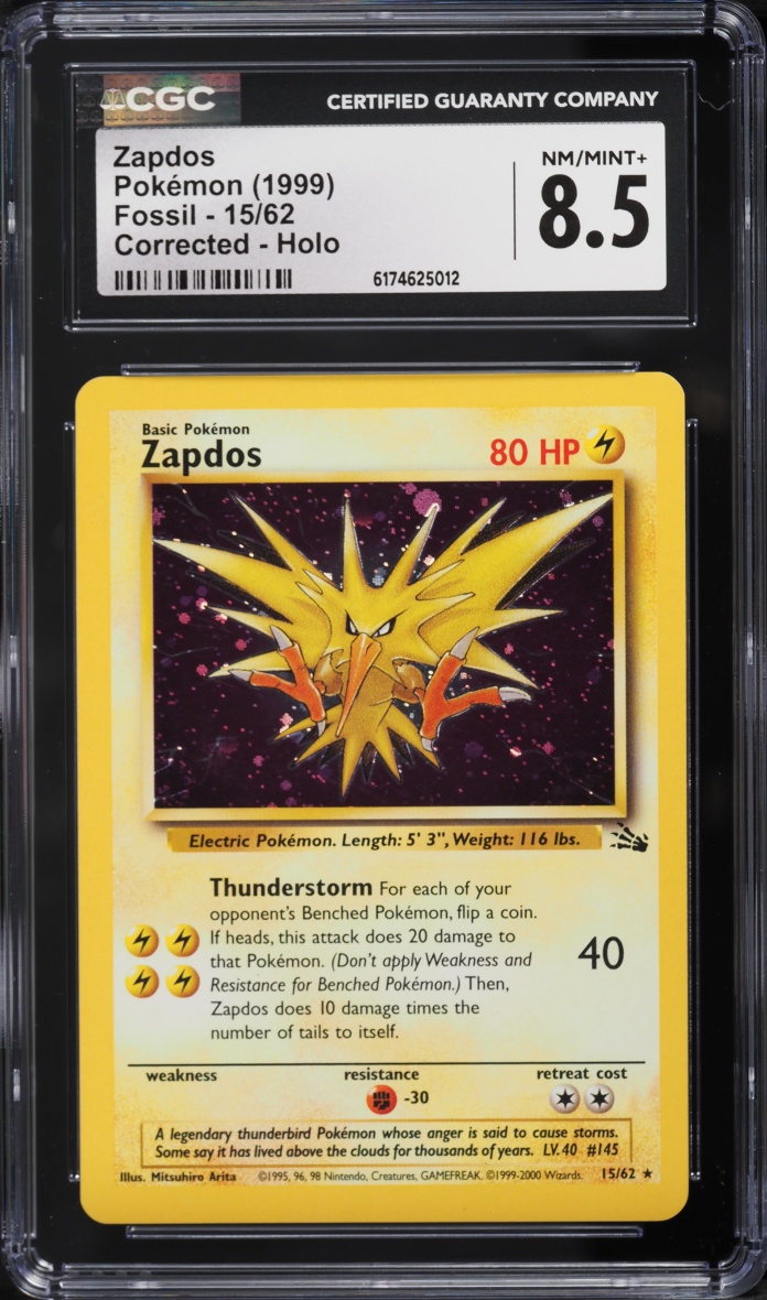 1999 Pokemon Fossil Corrected Holo Zapdos #15 CGC 8.5 NM-MT+