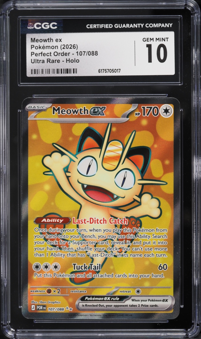 2026 Pokemon Mega Evolution Perfect Order Full Art Meowth ex #107 CGC 10 GEM MINT
