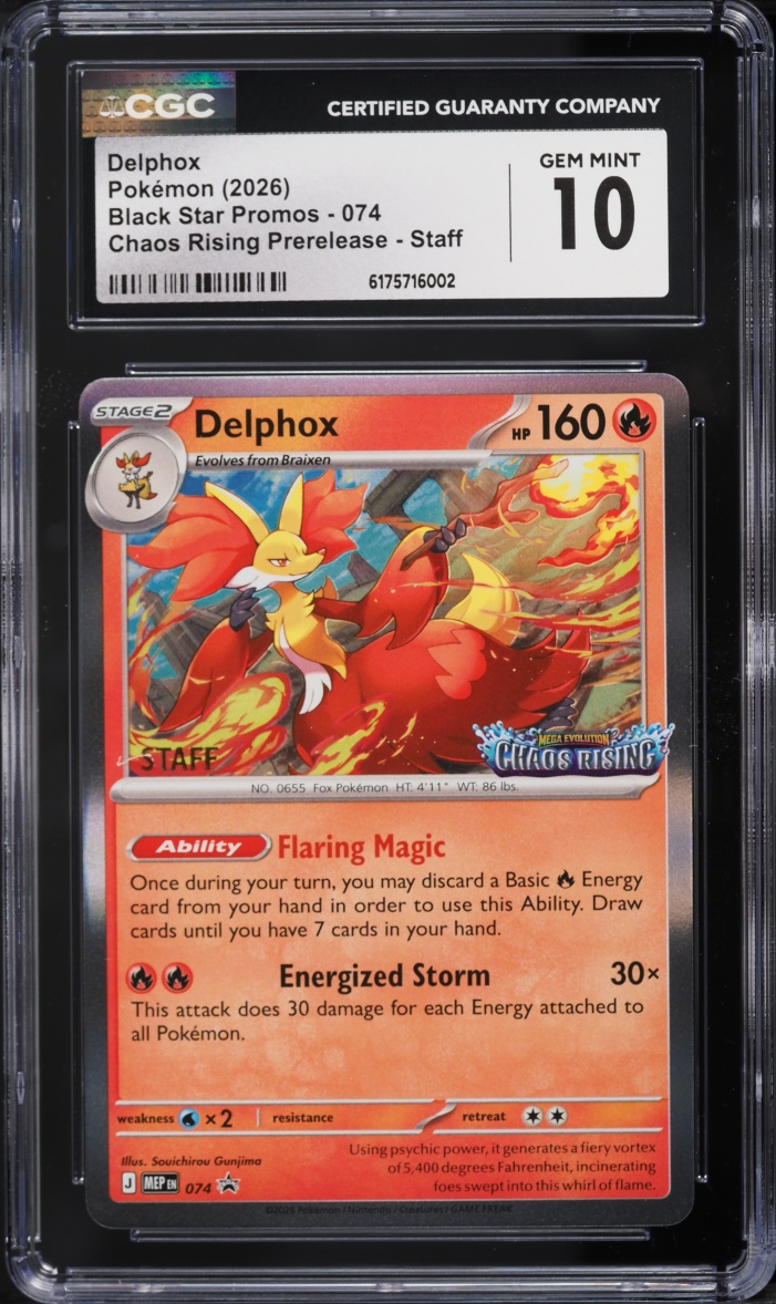 2026 Pokemon Mega Evolution Promo Chaos Rising Prerelease Staff Delphox #74 CGC 10 GEM MINT