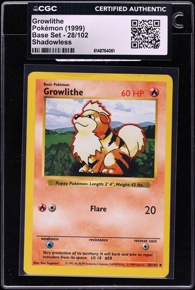 1999 Pokemon Base Set Shadowless Growlithe #28 CGC AUTH
