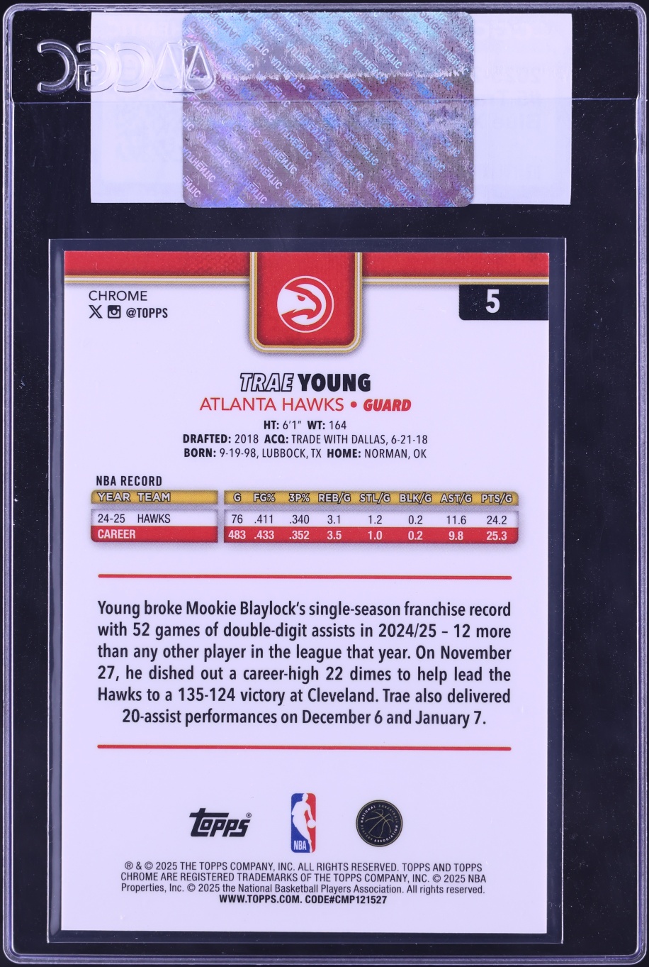 2025 Topps Chrome Blue Xfractor Trae Young #5 CGC AUTH