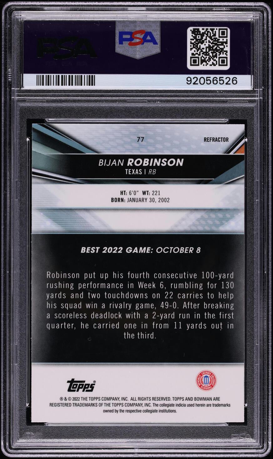 2022 Bowman's Best University Refractor Bijan Robinson ROOKIE #77 PSA 9 MINT