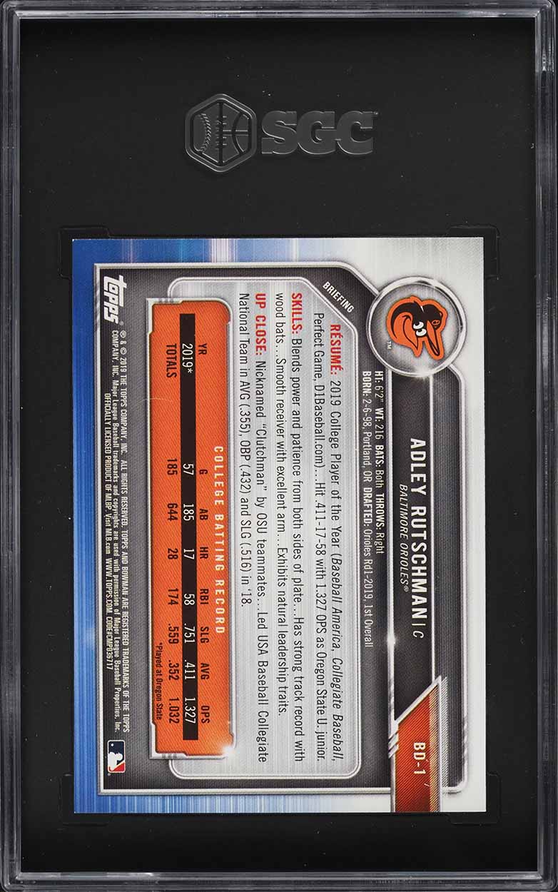 2019 Bowman Draft Adley Rutschman PROSPECT #BD-1 SGC 9.5 MINT+