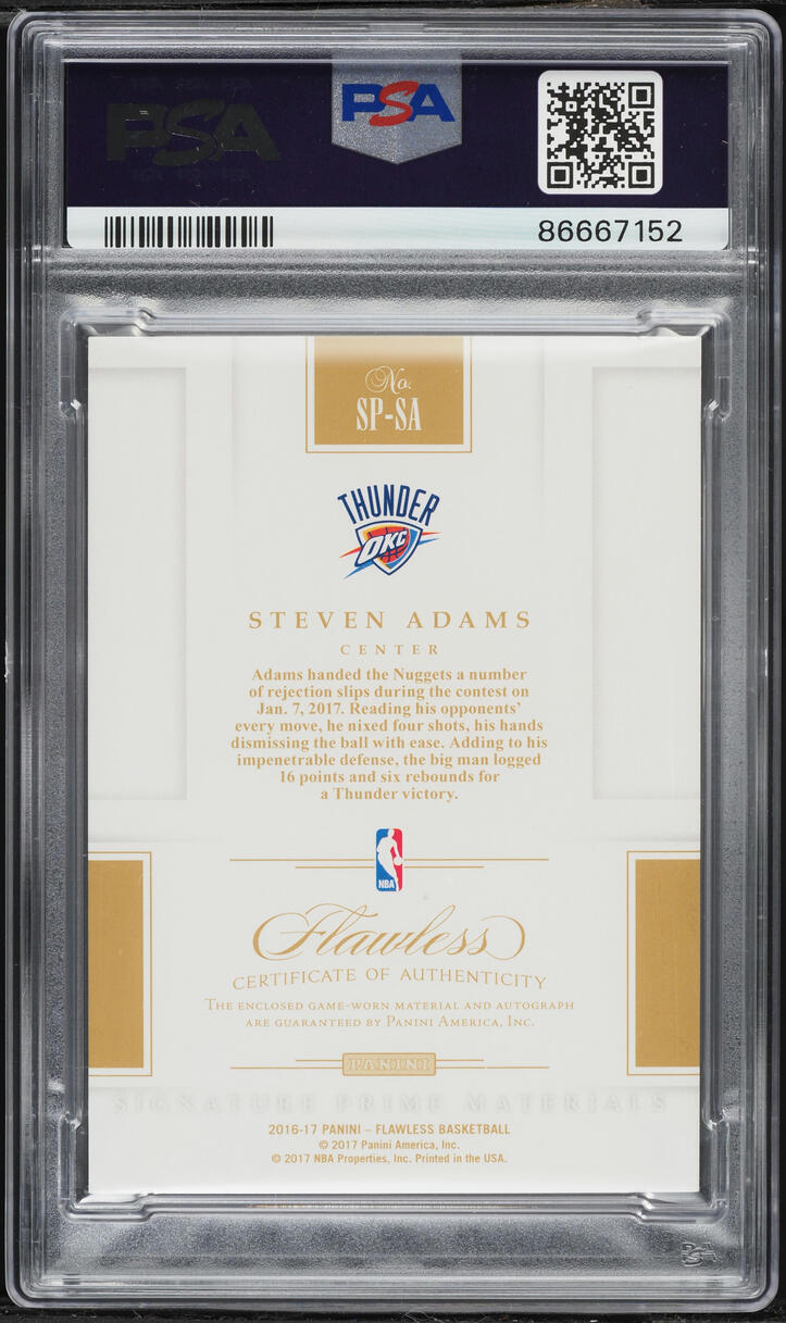 2016 Panini Flawless Prime Ruby Steven Adams PATCH AUTO DNA 7 /15 #SP-SA PSA 10 GEM MINT