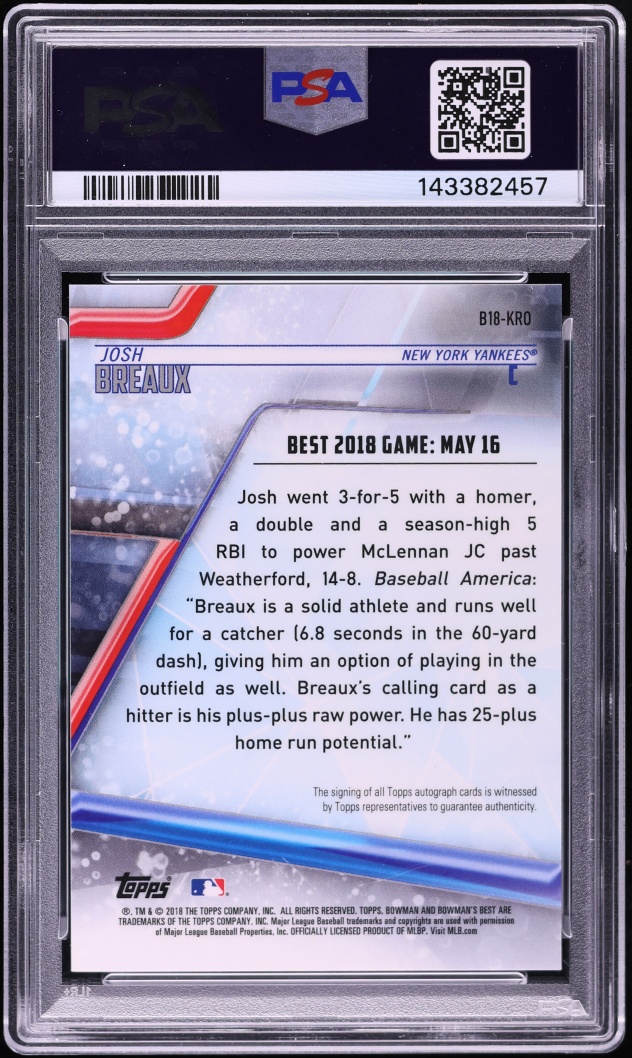 2018 Bowman's Best Josh Breaux PROSPECT AUTO #B18-KRO PSA 10 GEM MINT