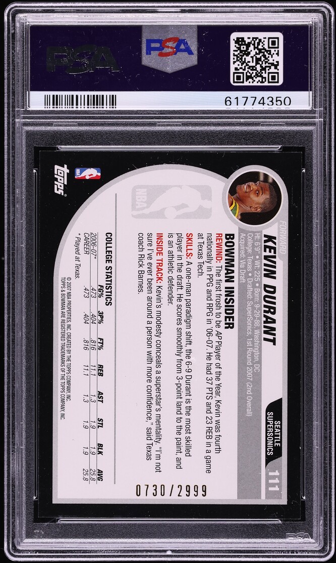 2007 Bowman Basketball Kevin Durant ROOKIE /2999 #111 PSA 9 MINT