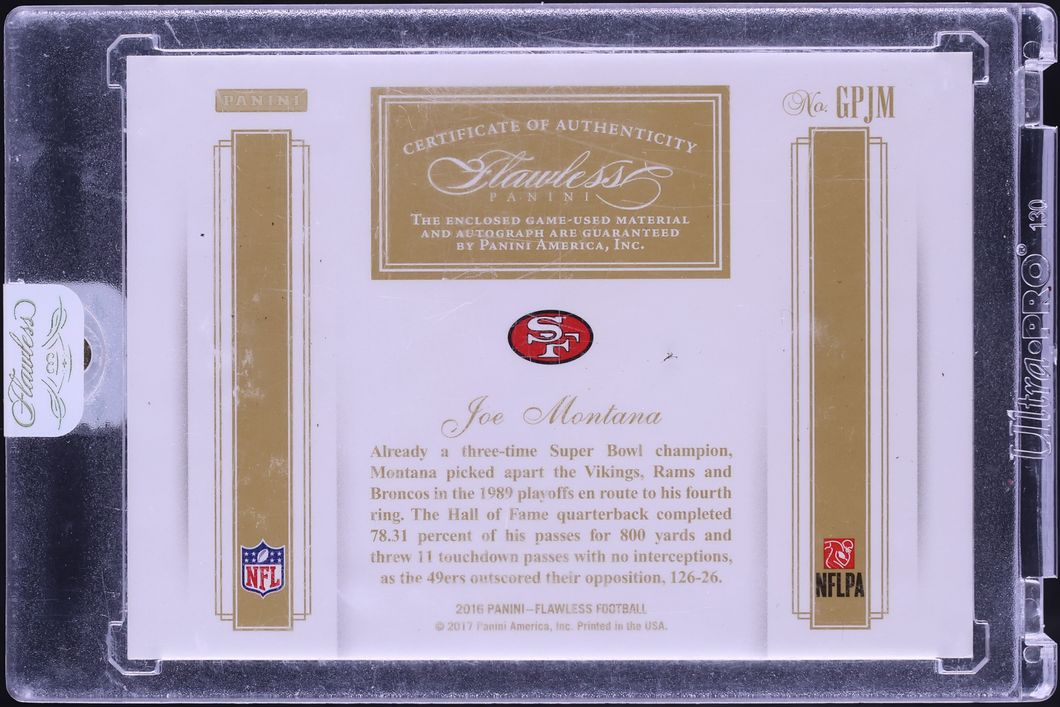 2016 Panini Flawless Greats Dual Platinum Joe Montana GAME-USED PATCH AUTO 1/1 #GPJM