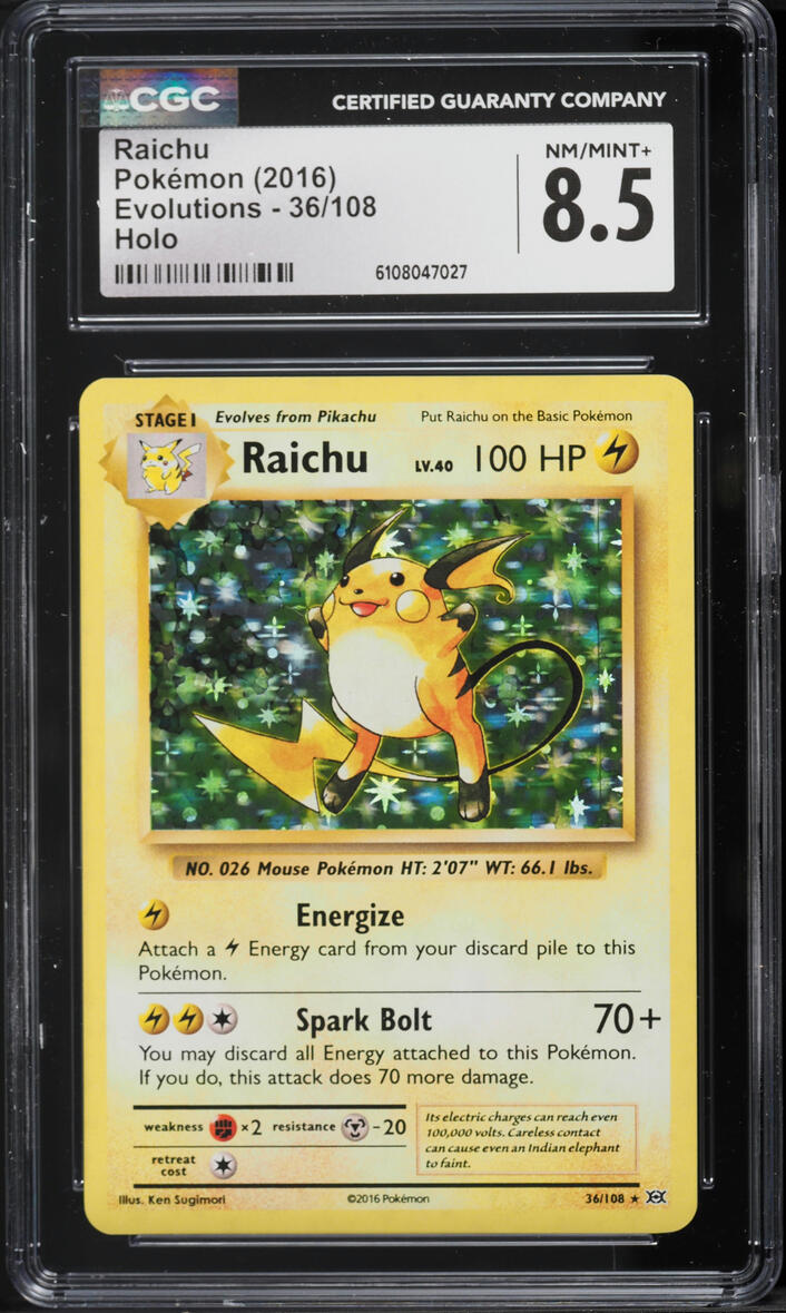 2016 Pokemon XY Evolutions Holo Raichu #36 CGC 8.5 NM-MT+