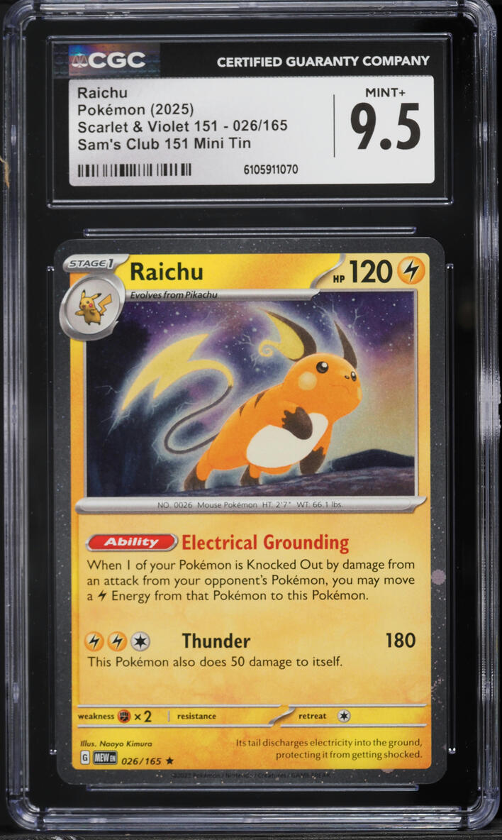 2025 Pokemon Scarlet & Violet 151 Sam's Club Mini Tin Raichu #26 CGC 9.5 MINT+