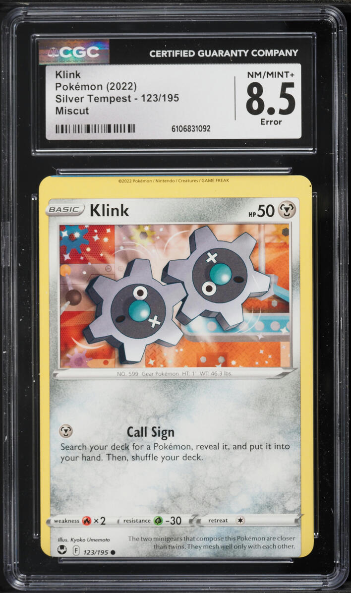 2022 Pokemon Sword & Shield Silver Tempest Error Klink #123 CGC 8.5 NM-MT+