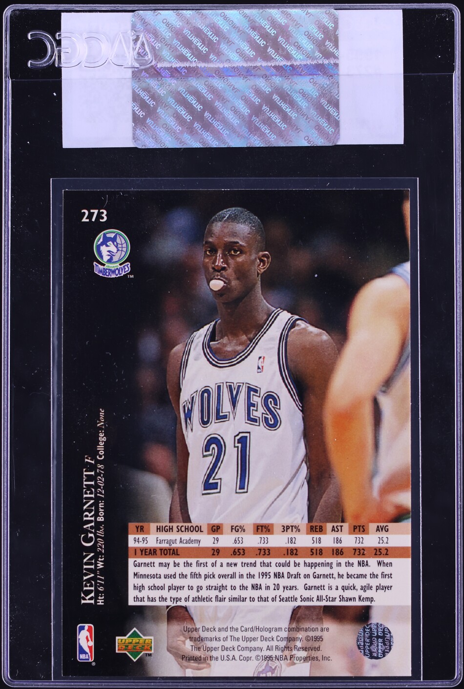 1995 Upper Deck Basketball Kevin Garnett ROOKIE #273 CGC AUTH