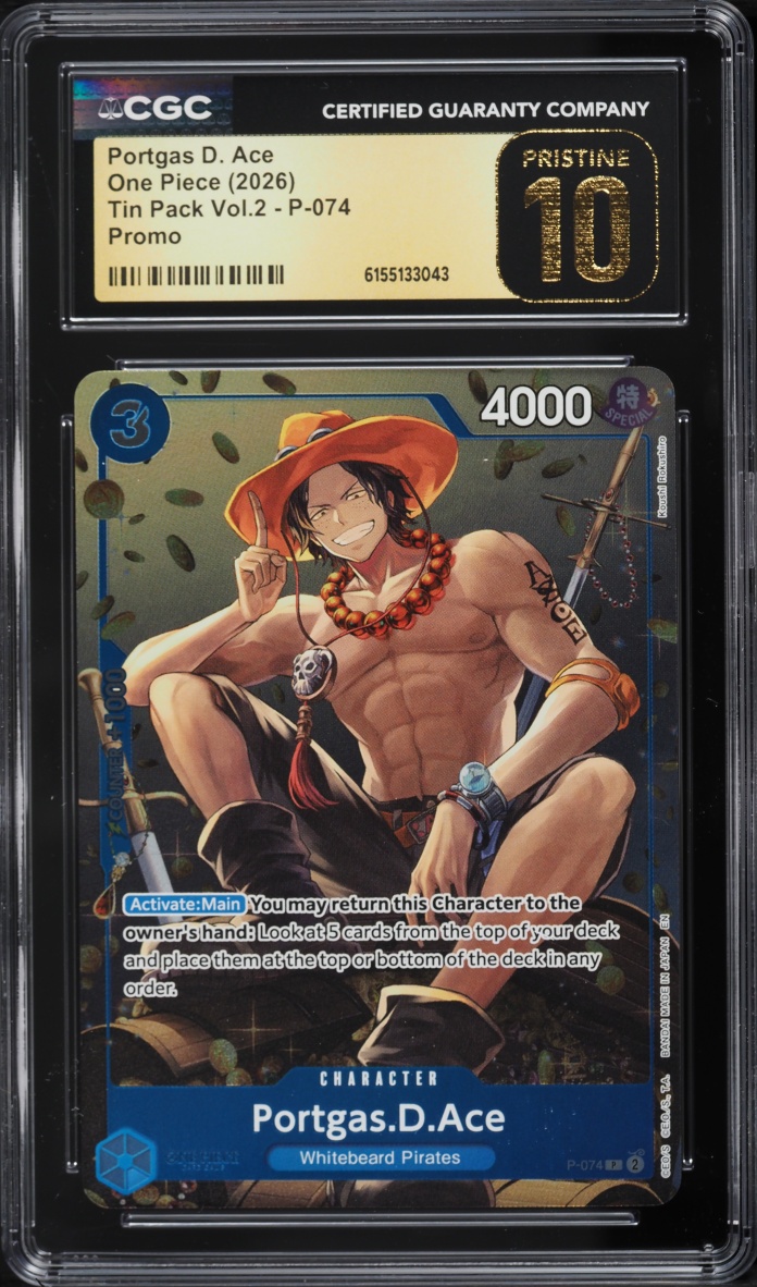 2026 One Piece Promo Tin Pack Volume 2 Alt Art Portgas D. Ace #P-074 CGC 10 Pristine
