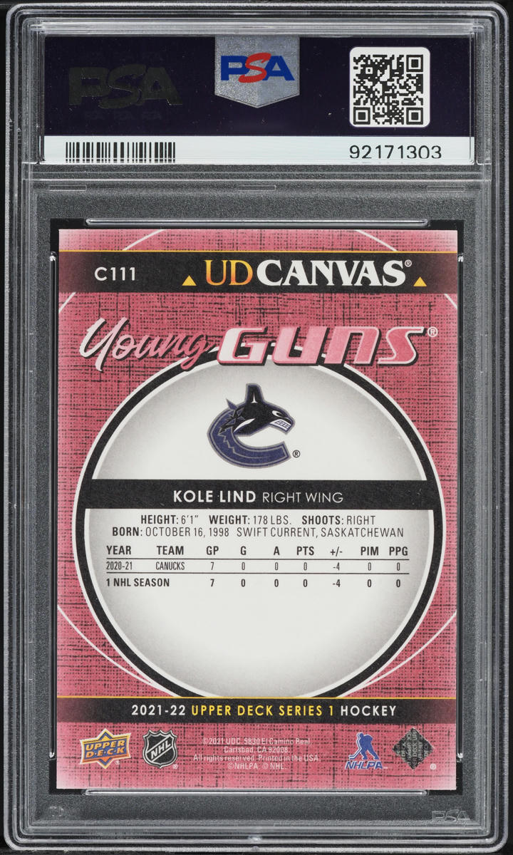 2021 Upper Deck Canvas Young Guns Kole Lind ROOKIE #C111 PSA 10 GEM MINT