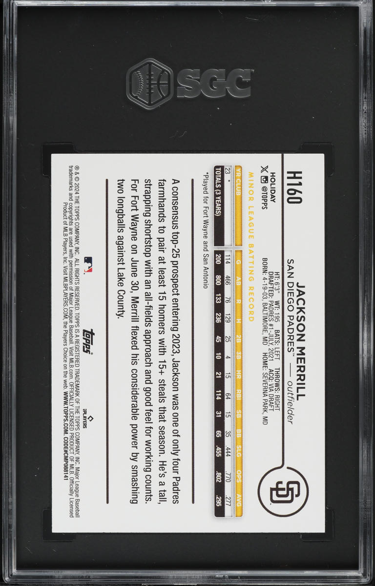 2024 Topps Holiday Jackson Merrill ROOKIE #H160 SGC 10 GEM MINT