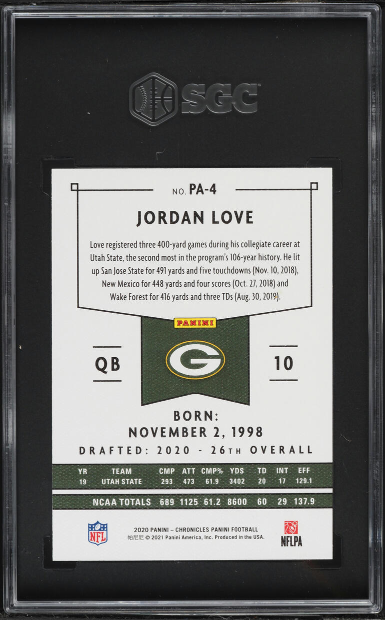 2020 Panini Chronicles Jordan Love ROOKIE #PA-4 SGC 10 GEM MINT
