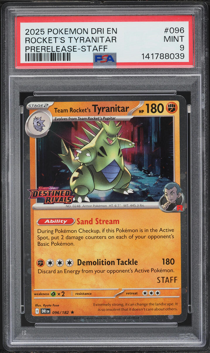 2025 Pokemon SV Destined Rivals Prerelease Staff Team Rocket's Tyranitar #96 PSA 9 MINT