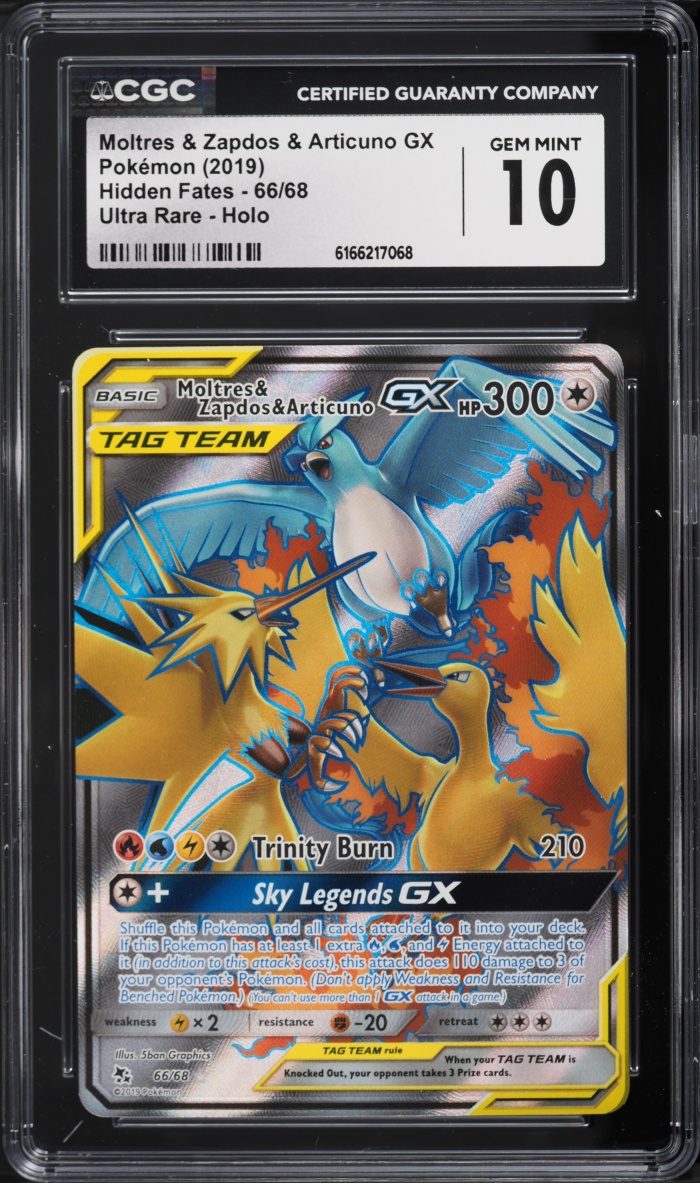 2019 Pokemon Sun & Moon Hidden Fates Full Art Moltres Zapdos Articuno GX #66 CGC 10 GEM MINT