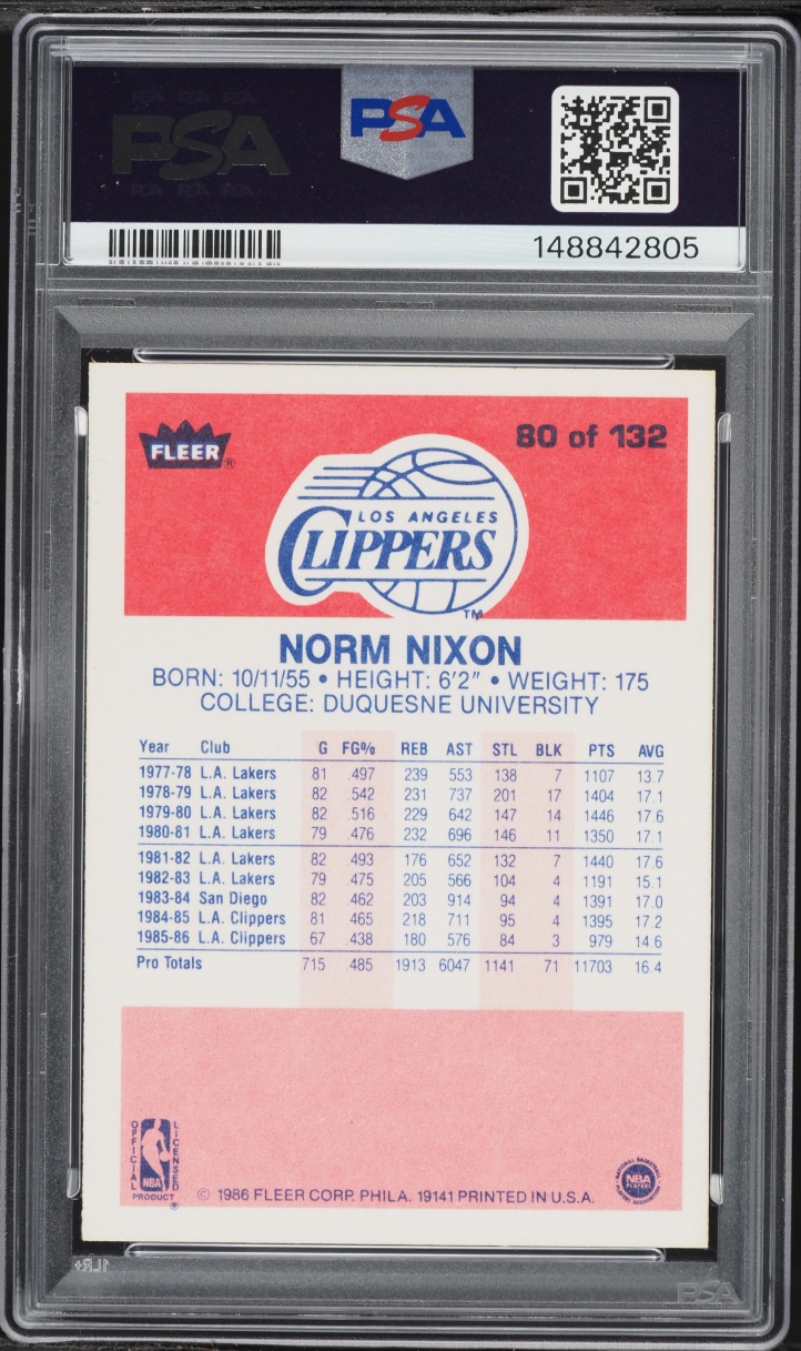 1986 Fleer Basketball Norm Nixon #80 PSA 8 NM-MT