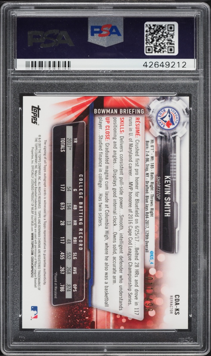 2017 Bowman Chrome Refractor Kevin Smith PROSPECT AUTO /499 #CDA-KS PSA 10 GEM MINT