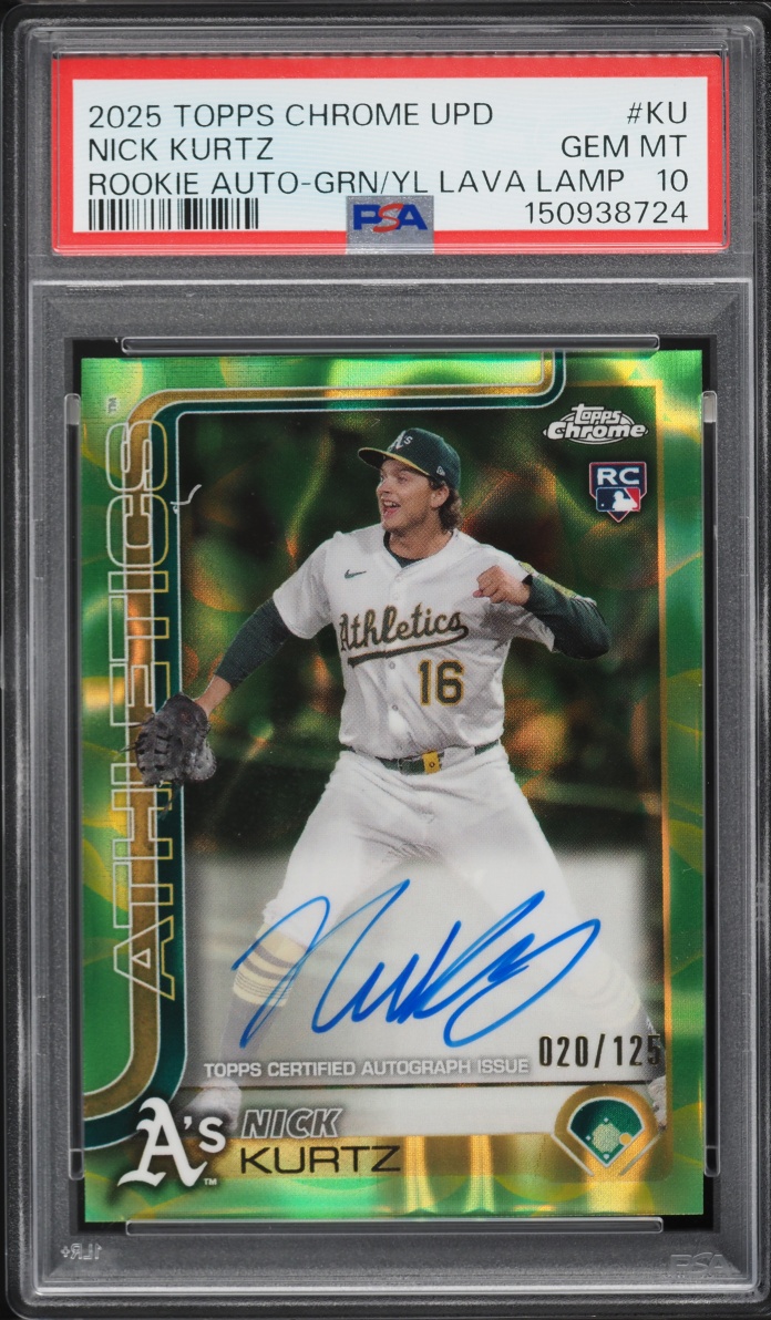 2025 Topps Chrome Update Green Yellow Lava Lamp Nick Kurtz ROOKIE AUTO /125 #RA-KU PSA 10 GEM