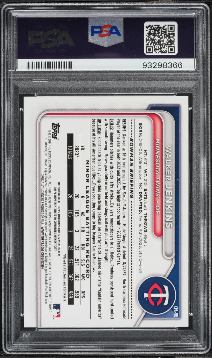 2024 Bowman Chrome Green Refractor Walker Jenkins PROSPECT AUTO /99 PSA 10 GEM MINT