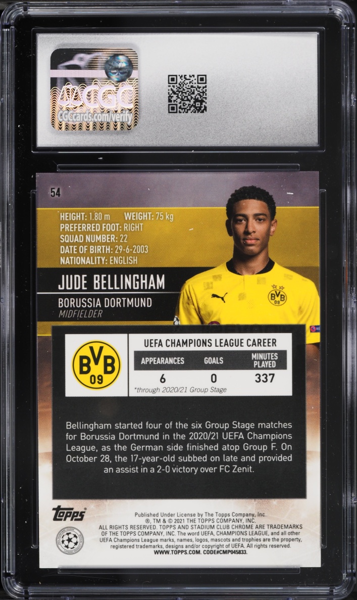 2020 Stadium Club Chrome UEFA Jude Bellingham ROOKIE #54 CGC 9 MINT
