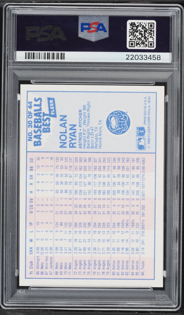 1986 Fleer Baseball's Best Nolan Ryan #30 PSA 10 GEM MINT