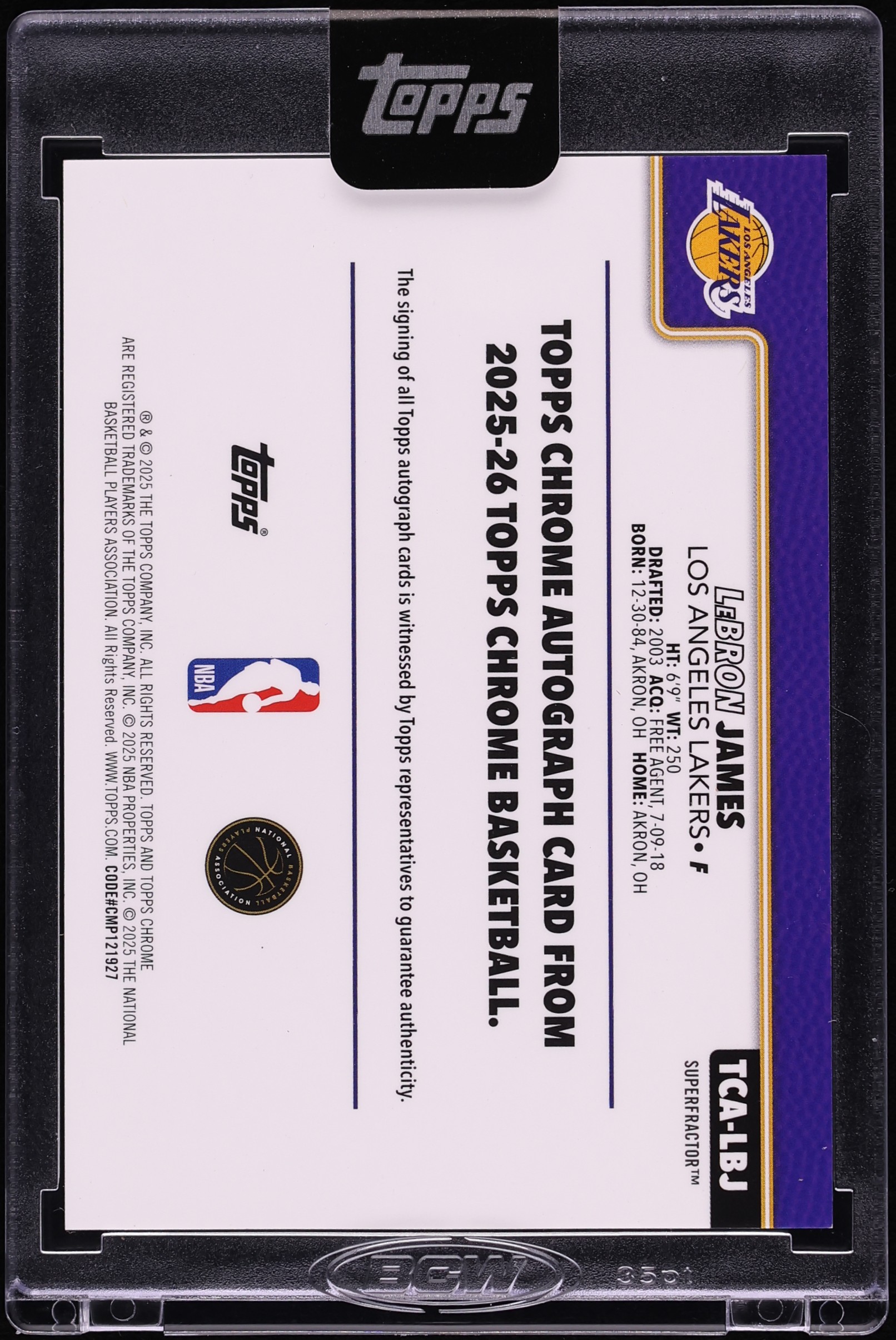 2025 Topps Chrome Superfractor LeBron James AUTO 1/1 #TCA-LBJ on