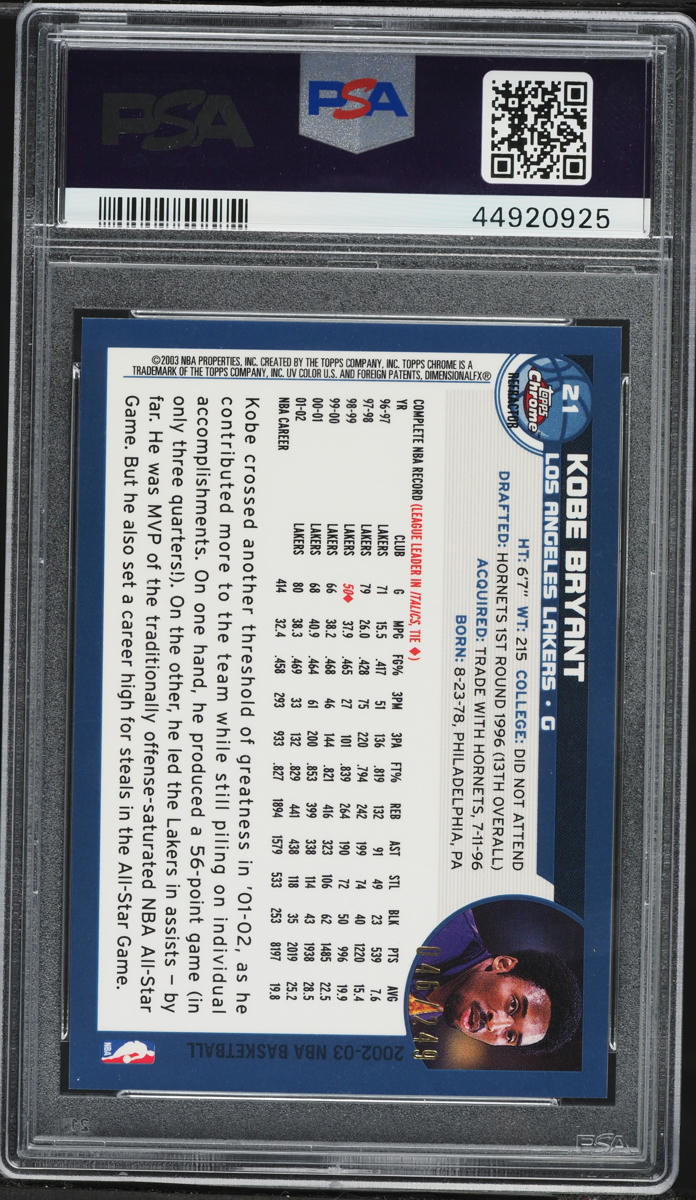 2002 Topps Chrome White Refractor Kobe Bryant /249 #21 PSA 10 GEM MINT