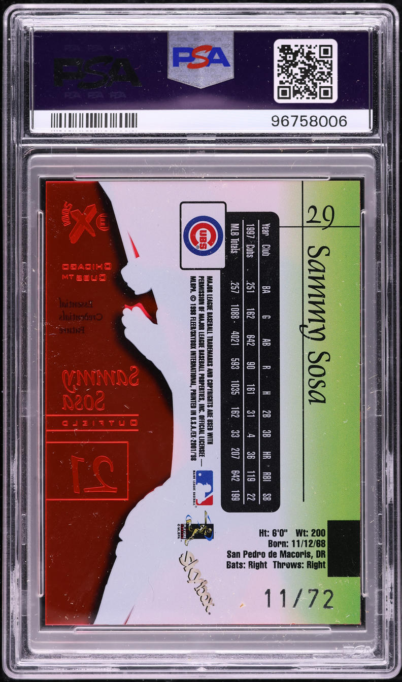 1998 Skybox E-X 2001 Essential Credentials Future Sammy Sosa /72 #29 PSA 7 NRMT