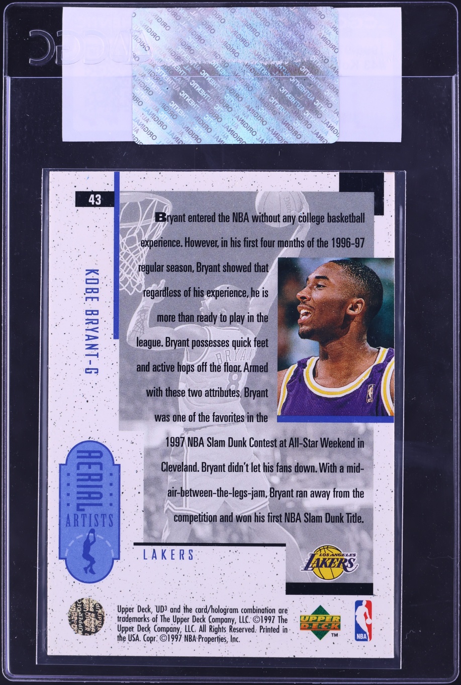 1996 UD3 Basketball Kobe Bryant ROOKIE #43 CGC AUTH