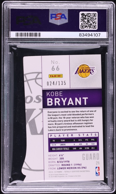 2014 Totally Certified Mirror Platinum Red Die-Cut Kobe Bryant JERSEY # 24/135 #66 PSA 10 - Photo 2