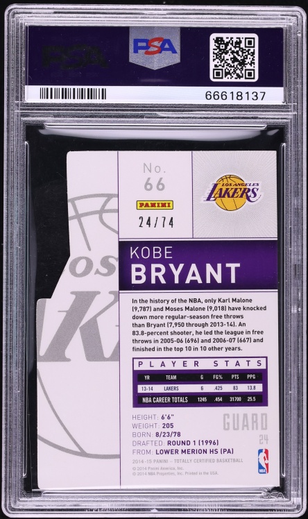 2014 Totally Certified Mirror Platinum Blue Die-Cut Kobe Bryant JERSEY # 24/74 #66 PSA 10 - Photo 2