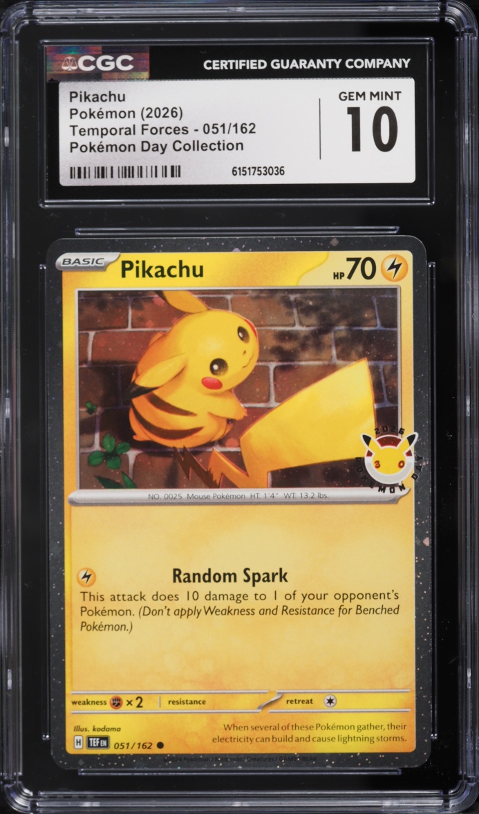 2026 Pokemon Scarlet & Violet Temporal Forces Day Collection Pikachu #51 CGC 10 Gem Mint