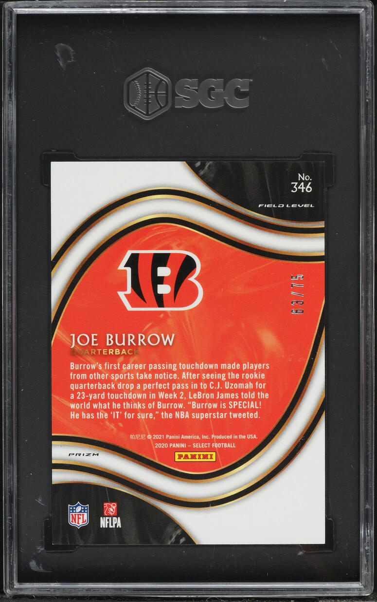 2020 Select Field Level Tri-Color Prizm Joe Burrow ROOKIE /75 #346 SGC 10 GEM MINT
