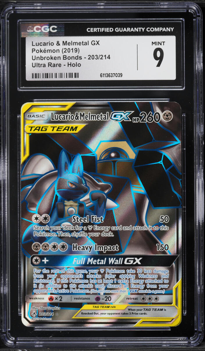 2019 Pokemon Sun & Moon Unbroken Bonds Full Art Lucario & Melmetal GX #203 CGC 9 MINT