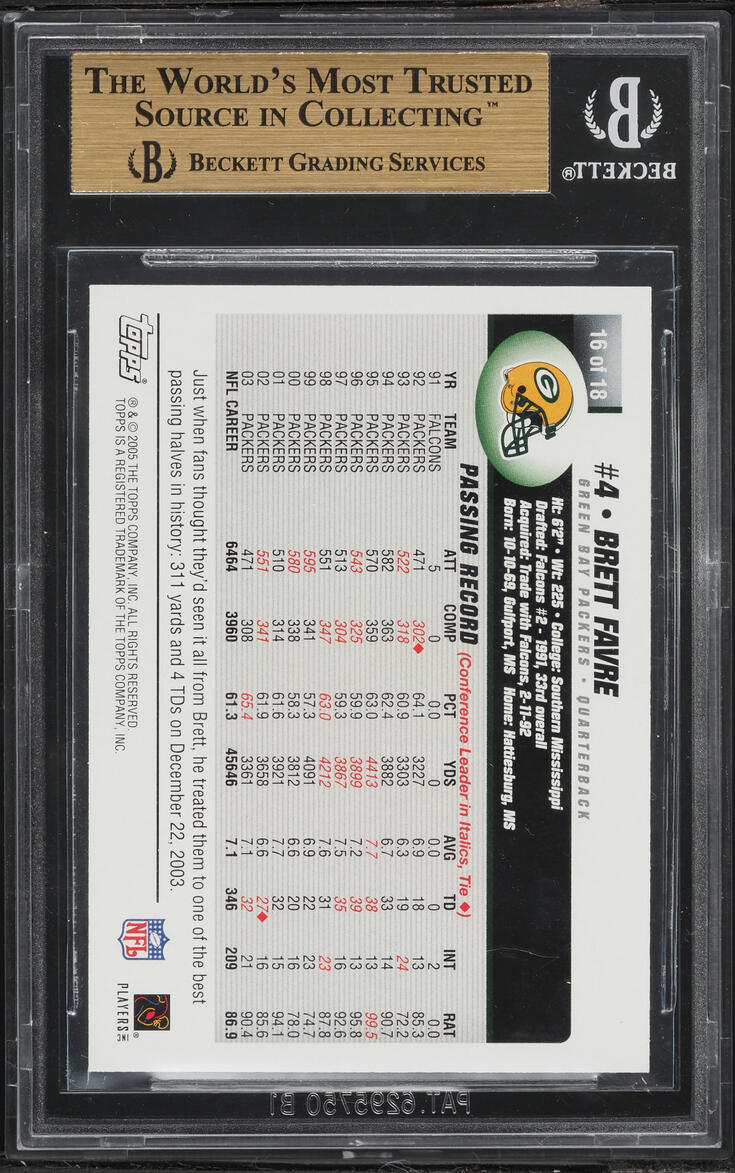 2005 Topps Super Bowl XXXIX Card Show Brett Favre #16 BGS 9.5 GEM MINT