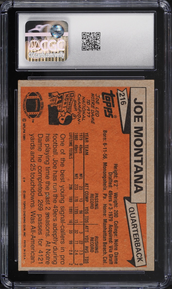 1981 Topps Football Joe Montana ROOKIE #216 CGC 5 EX