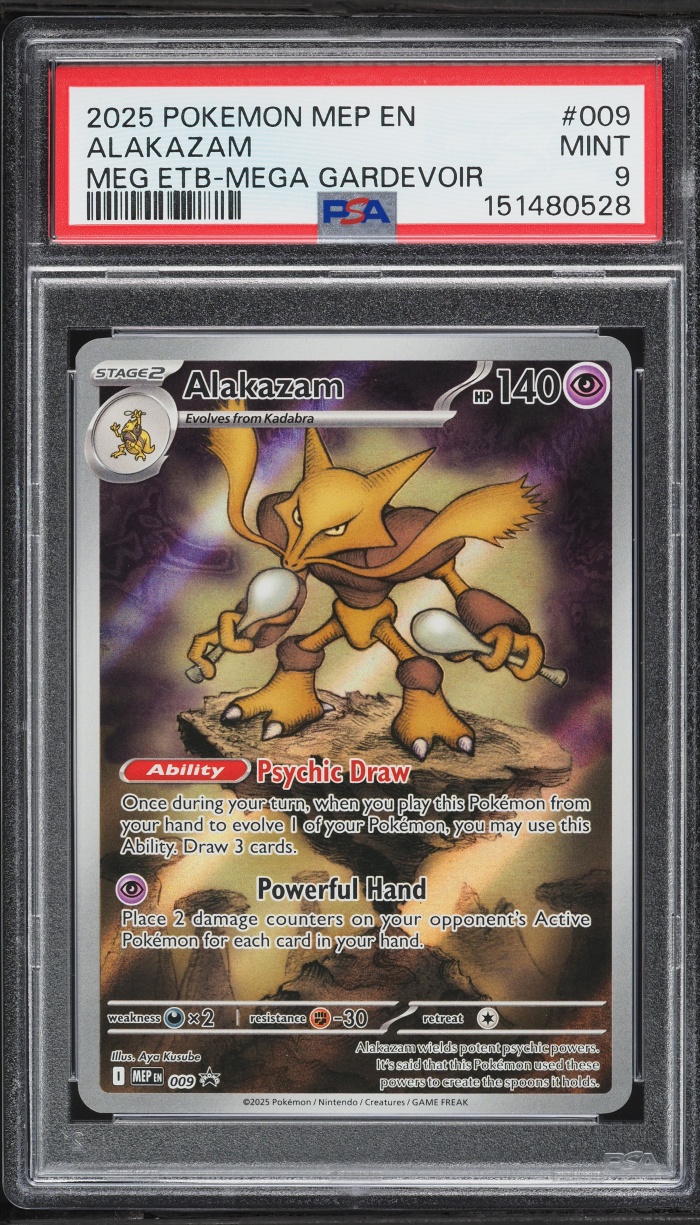 2025 Pokemon Mega Evolution Black Star Promo ETB Full Art Alakazam #9 PSA 9 MINT